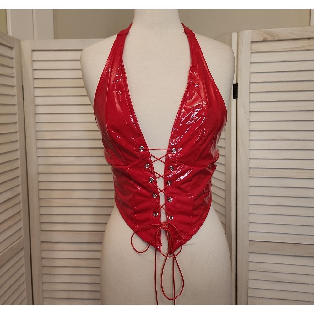 SHEIN Vibrant Red Lace-Up PU Top Size 6 NWOT